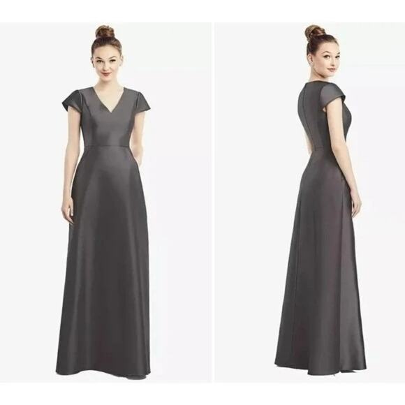 ALFRED SUNG Dresses & Skirts - NWT ALFRED SUNG Satin Maxi V Neck Gown Cap Sleeve Pockets Zip Up 8 Cavier Grey